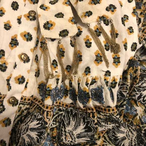 Anthropologie Floral Embroidered Long Sleeves Cream Silver Mini Shirt Dress XS - Picture 6 of 6